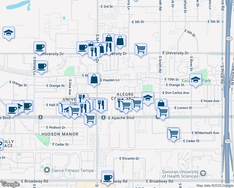 map of restaurants, bars, coffee shops, grocery stores, and more near in Tempe