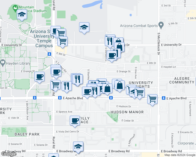map of restaurants, bars, coffee shops, grocery stores, and more near 1224 East Lemon Street in Tempe