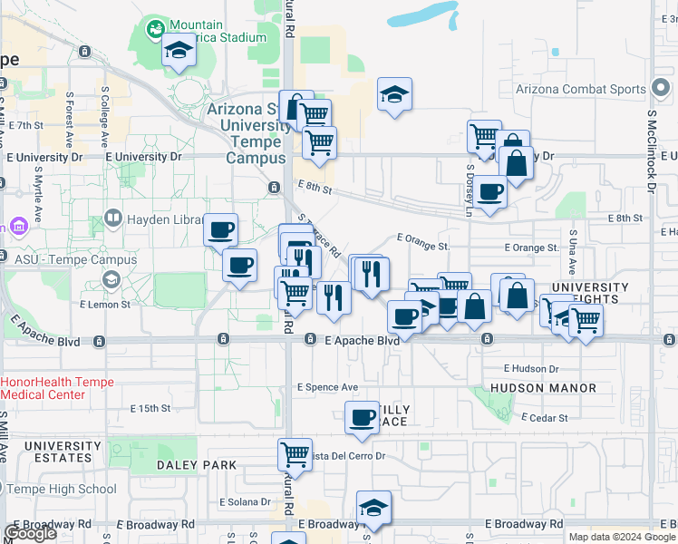 map of restaurants, bars, coffee shops, grocery stores, and more near 1050 South Terrace Road in Tempe