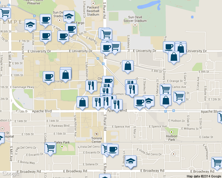 map of restaurants, bars, coffee shops, grocery stores, and more near 910 East Lemon Street in Tempe
