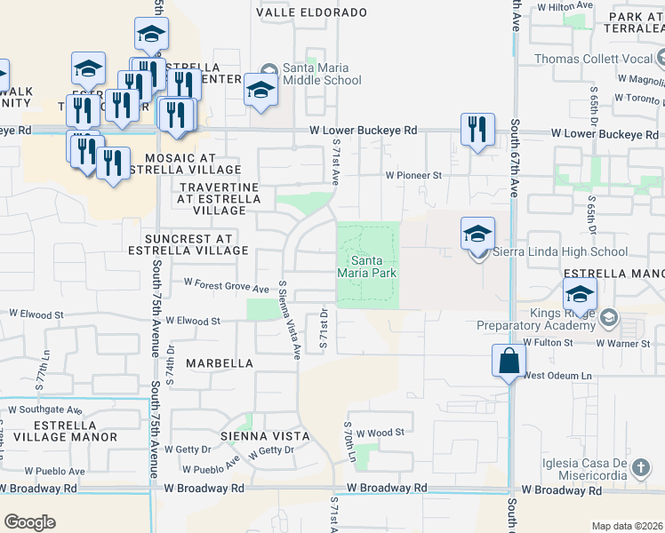 map of restaurants, bars, coffee shops, grocery stores, and more near 7125 West Superior Avenue in Phoenix