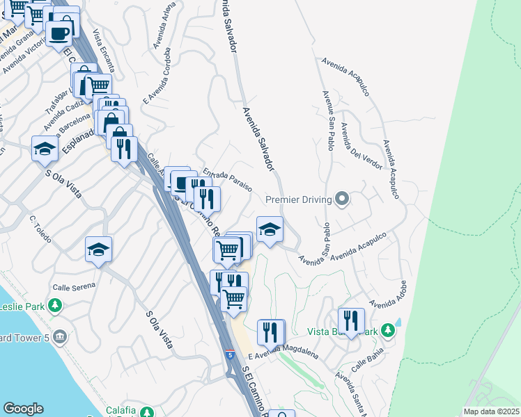 map of restaurants, bars, coffee shops, grocery stores, and more near 215 East Avenida San Gabriel in San Clemente