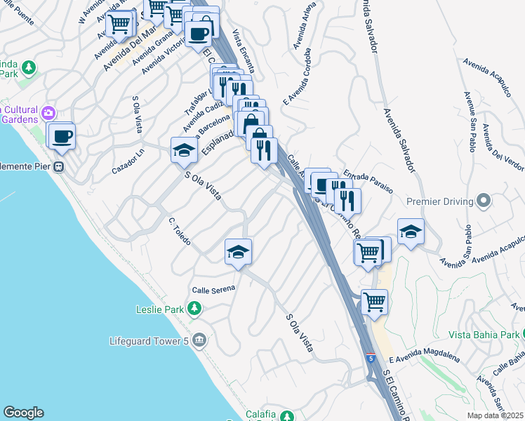 map of restaurants, bars, coffee shops, grocery stores, and more near 123 West Avenida Valencia in San Clemente
