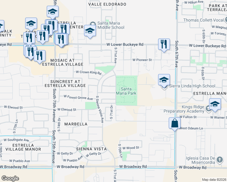map of restaurants, bars, coffee shops, grocery stores, and more near 7125 West Superior Avenue in Phoenix