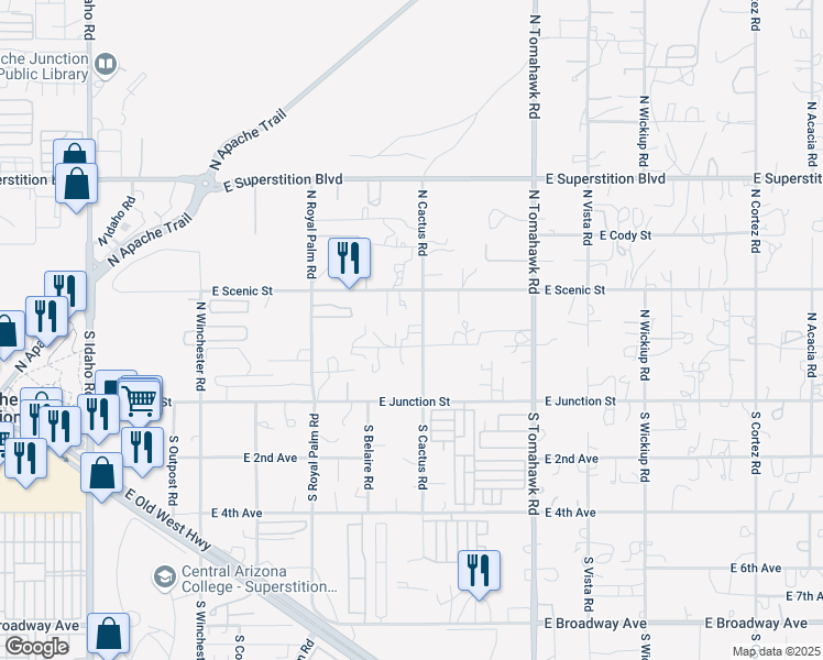 map of restaurants, bars, coffee shops, grocery stores, and more near 204 North Cactus Road in Apache Junction