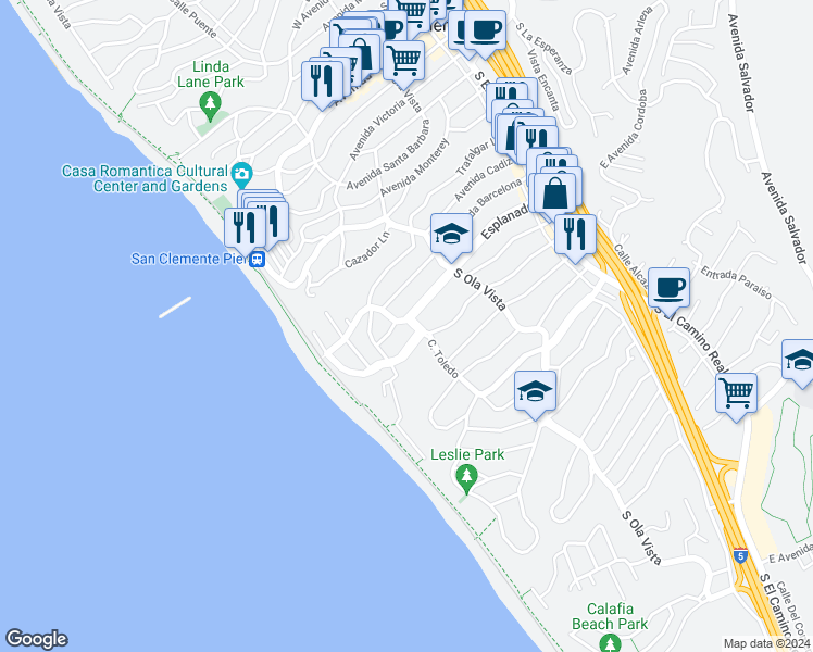 map of restaurants, bars, coffee shops, grocery stores, and more near 225 Esplanade in San Clemente