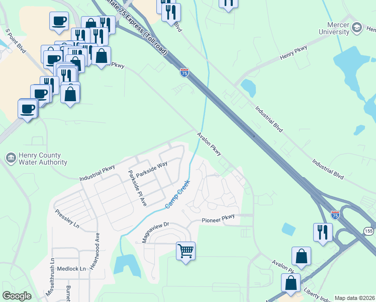 map of restaurants, bars, coffee shops, grocery stores, and more near 157 Parkview Place Drive in McDonough