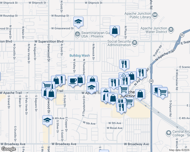 map of restaurants, bars, coffee shops, grocery stores, and more near 870 Apache Trail in Apache Junction