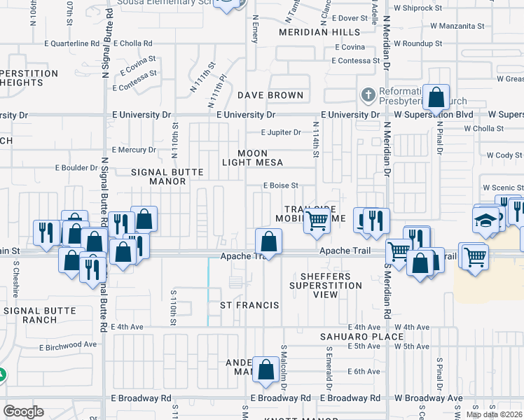 map of restaurants, bars, coffee shops, grocery stores, and more near 53 North Mountain Road in Apache Junction