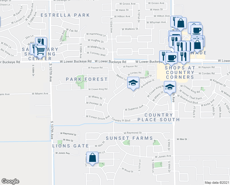 map of restaurants, bars, coffee shops, grocery stores, and more near 10553 West Florence Avenue in Tolleson