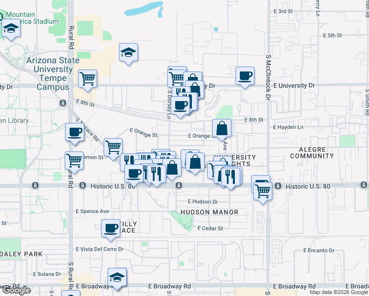 map of restaurants, bars, coffee shops, grocery stores, and more near 1318 East Lemon Street in Tempe