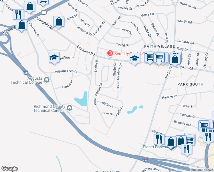 map of restaurants, bars, coffee shops, grocery stores, and more near 2937 Shelby Drive in Augusta