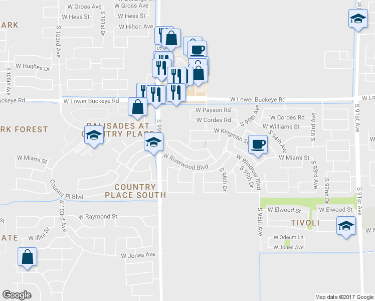 map of restaurants, bars, coffee shops, grocery stores, and more near 9741 West Crown King Road in Tolleson