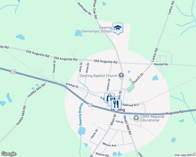 map of restaurants, bars, coffee shops, grocery stores, and more near 223 Printup Street in Dearing