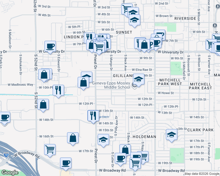 map of restaurants, bars, coffee shops, grocery stores, and more near 1337 W 11th St in Tempe