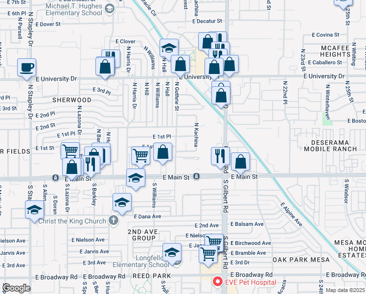 map of restaurants, bars, coffee shops, grocery stores, and more near 1817 East 1st Street in Mesa