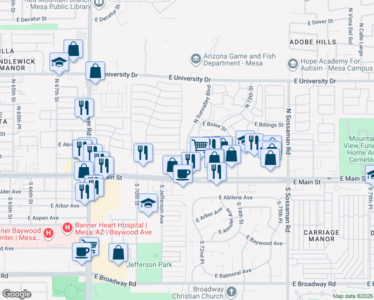 map of restaurants, bars, coffee shops, grocery stores, and more near East 1st Avenue in Mesa