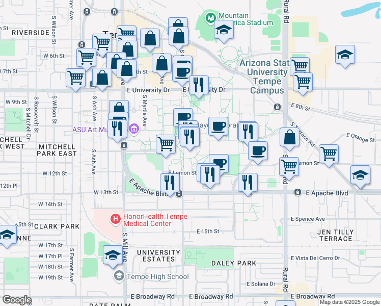 map of restaurants, bars, coffee shops, grocery stores, and more near 1290 South Normal Avenue in Tempe