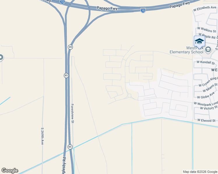 map of restaurants, bars, coffee shops, grocery stores, and more near 3164 North 263rd Avenue in Buckeye
