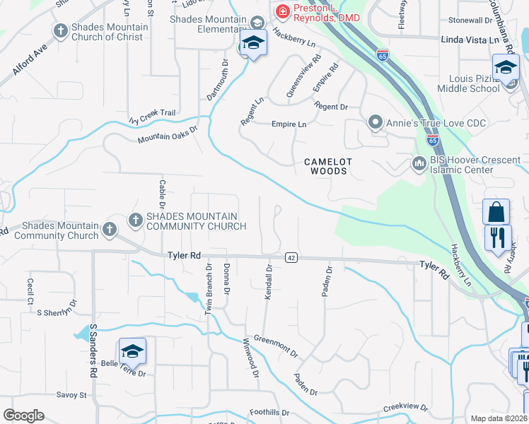 map of restaurants, bars, coffee shops, grocery stores, and more near 832 Linbard Lane in Vestavia Hills