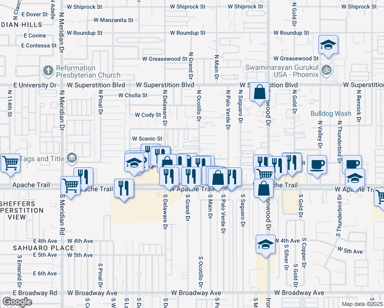 map of restaurants, bars, coffee shops, grocery stores, and more near 224 North Ocotillo Drive in Apache Junction