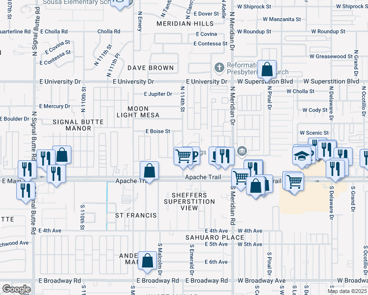 map of restaurants, bars, coffee shops, grocery stores, and more near 104 North 114th Street in Apache Junction