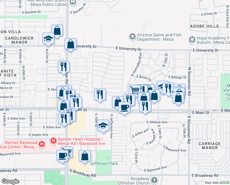 map of restaurants, bars, coffee shops, grocery stores, and more near E 1st Ave in Mesa