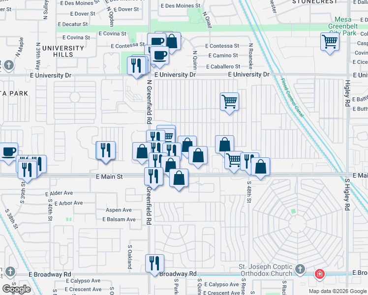 map of restaurants, bars, coffee shops, grocery stores, and more near 4448 East Main Street in Mesa