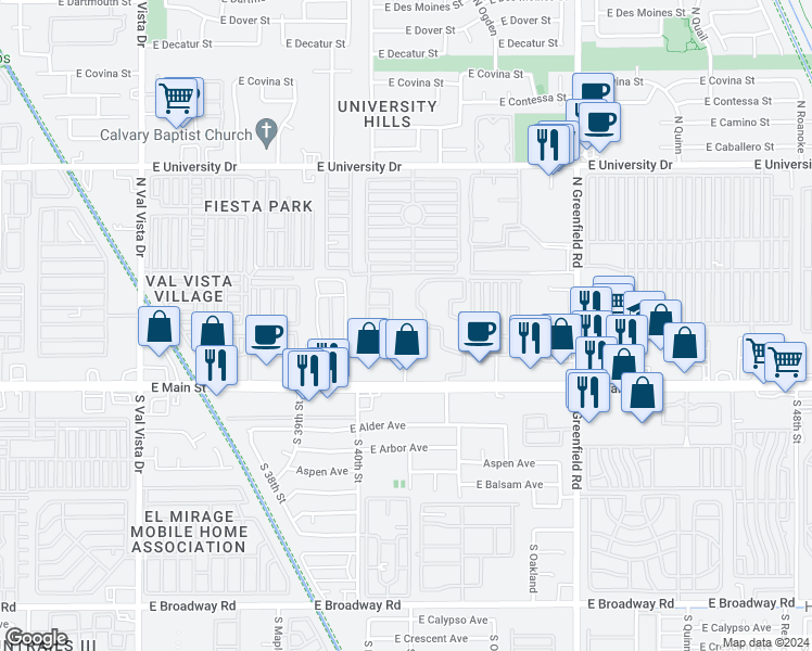map of restaurants, bars, coffee shops, grocery stores, and more near 4140 East Main Street in Mesa