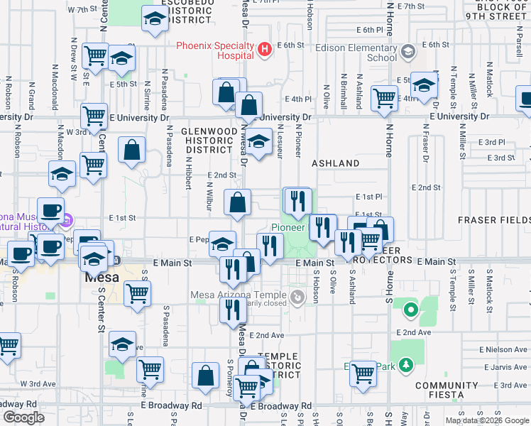 map of restaurants, bars, coffee shops, grocery stores, and more near 419 East 1st Street in Mesa