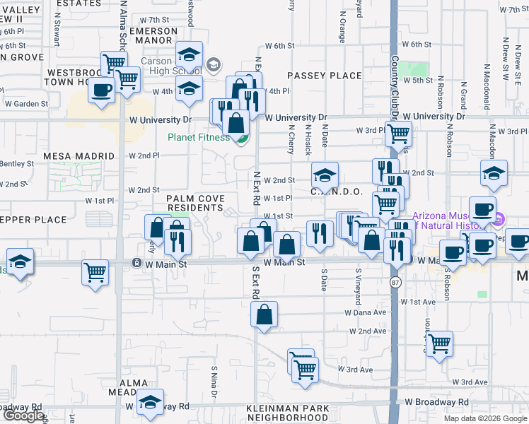 map of restaurants, bars, coffee shops, grocery stores, and more near 735 West 1st Street in Mesa