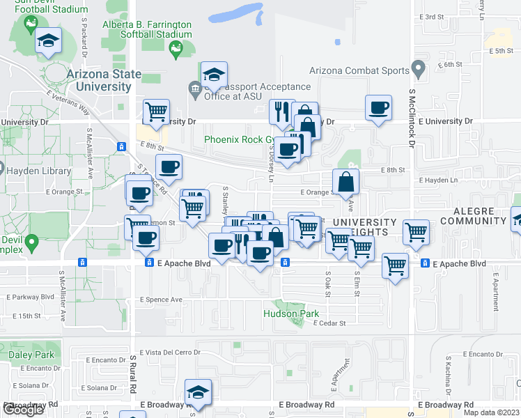 map of restaurants, bars, coffee shops, grocery stores, and more near in Tempe