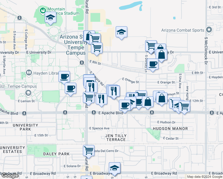 map of restaurants, bars, coffee shops, grocery stores, and more near 1041 East Lemon Street in Tempe