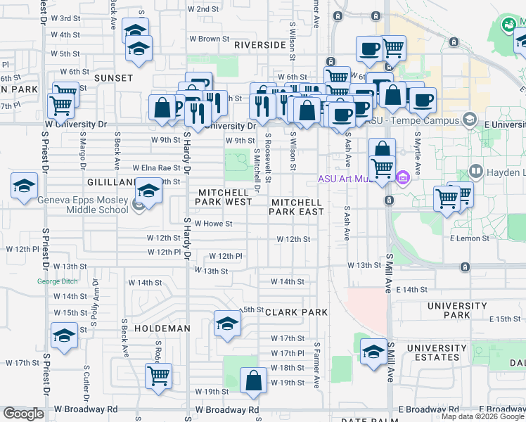 map of restaurants, bars, coffee shops, grocery stores, and more near 612 West Howe Street in Tempe
