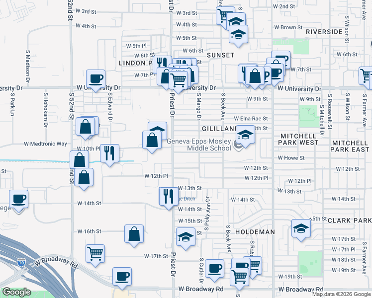 map of restaurants, bars, coffee shops, grocery stores, and more near 1337 West 11th Street in Tempe