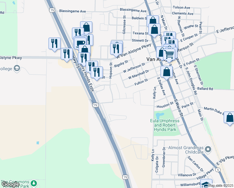 map of restaurants, bars, coffee shops, grocery stores, and more near 500-512 West Marshall Drive in Van Alstyne