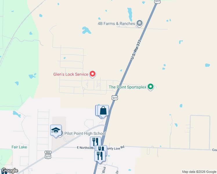 map of restaurants, bars, coffee shops, grocery stores, and more near 1933-1999 U.S. 377 in Pilot Point