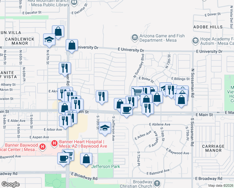 map of restaurants, bars, coffee shops, grocery stores, and more near E 1st Ave in Mesa