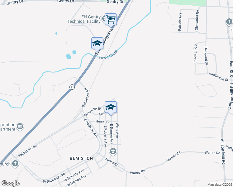 map of restaurants, bars, coffee shops, grocery stores, and more near 402 Alexander Street in Talladega