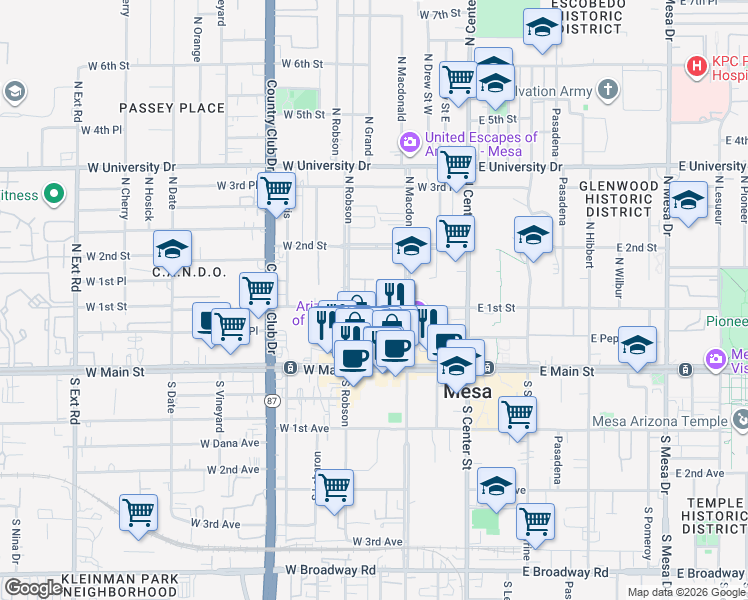 map of restaurants, bars, coffee shops, grocery stores, and more near 131 West 1st Street in Mesa
