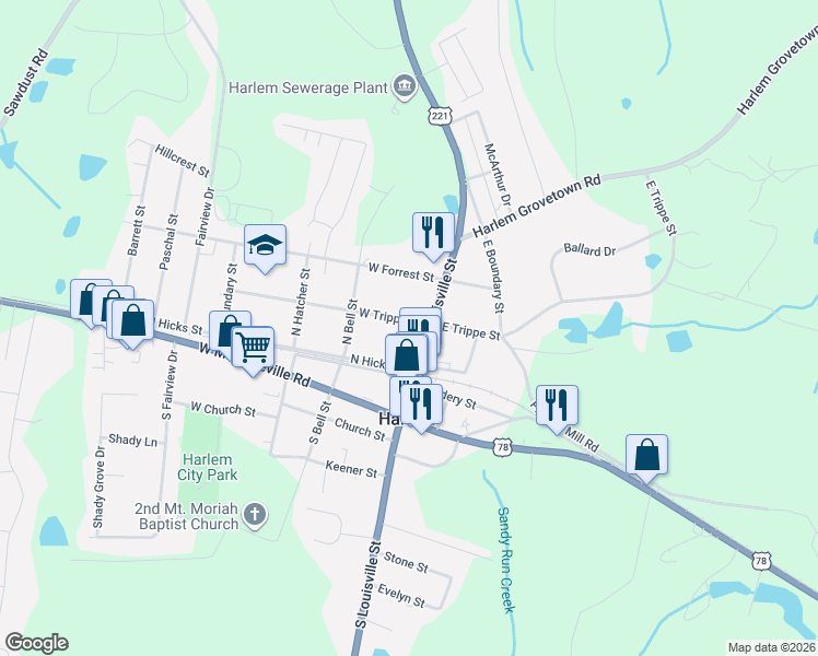 map of restaurants, bars, coffee shops, grocery stores, and more near 250 North Louisville Street in Harlem
