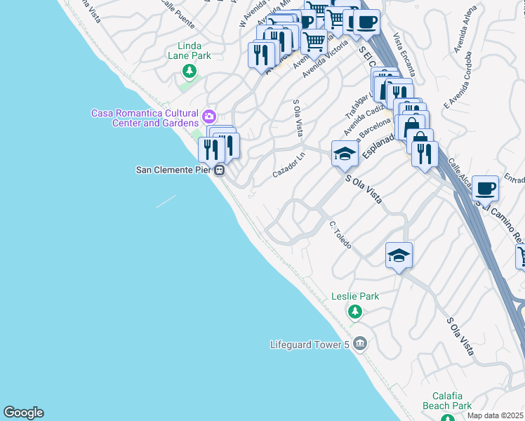map of restaurants, bars, coffee shops, grocery stores, and more near 348 West Paseo De Cristobal in San Clemente