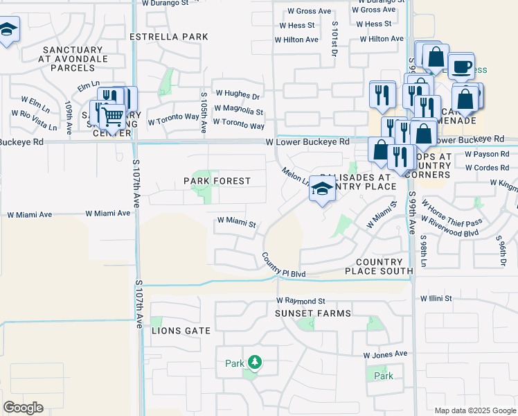 map of restaurants, bars, coffee shops, grocery stores, and more near 3209 South 104th Avenue in Tolleson