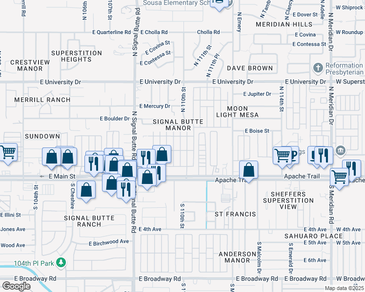 map of restaurants, bars, coffee shops, grocery stores, and more near 10936 East Apache Trail in Apache Junction