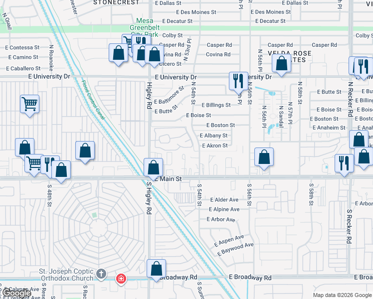 map of restaurants, bars, coffee shops, grocery stores, and more near 50 North 54th Street in Mesa