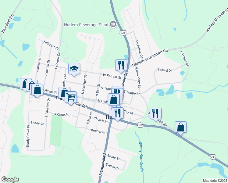 map of restaurants, bars, coffee shops, grocery stores, and more near 250 North Louisville Street in Harlem