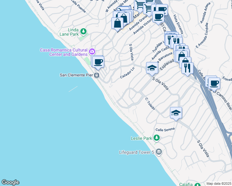 map of restaurants, bars, coffee shops, grocery stores, and more near 348 West Paseo De Cristobal in San Clemente