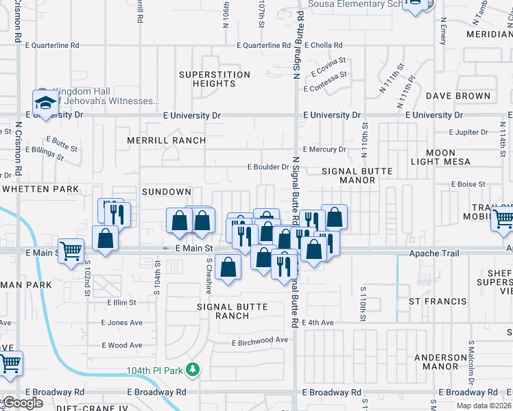 map of restaurants, bars, coffee shops, grocery stores, and more near Mobile Home Park in Apache Junction