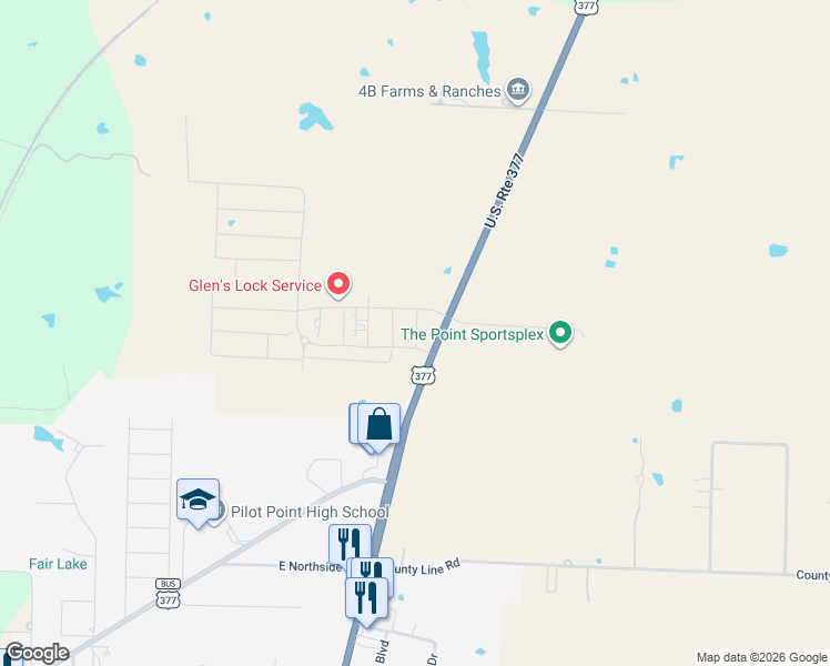 map of restaurants, bars, coffee shops, grocery stores, and more near 1933-1999 U.S. 377 in Pilot Point