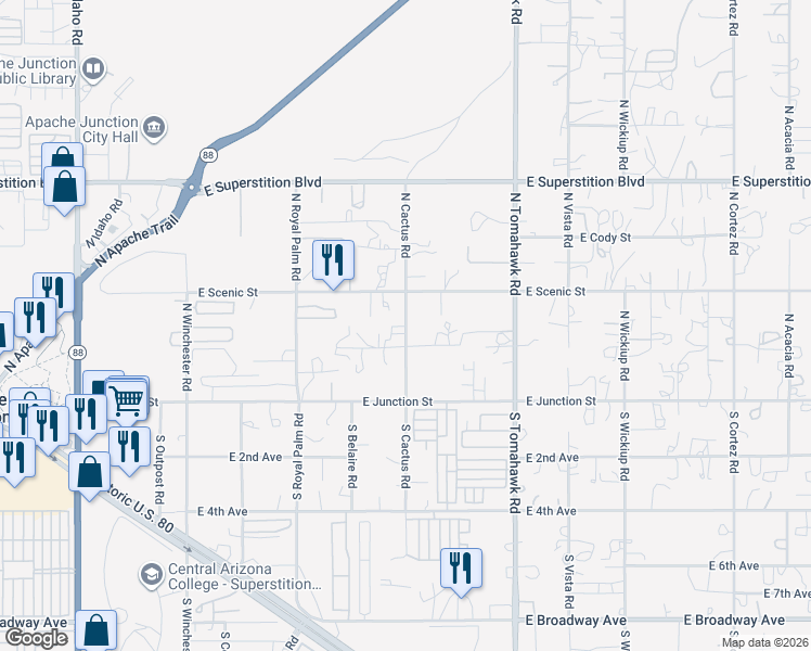 map of restaurants, bars, coffee shops, grocery stores, and more near 204 North Cactus Road in Apache Junction